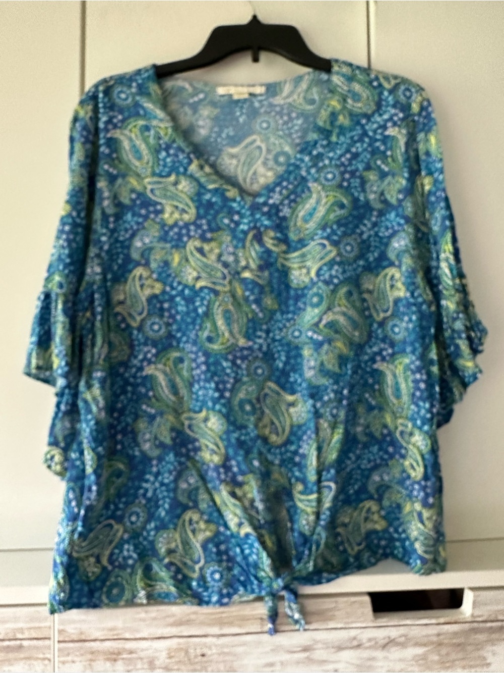 💙 Cooper & Ella Blue Paisley Tie Front Blouse Women’s Large Boho Bell Sleeve